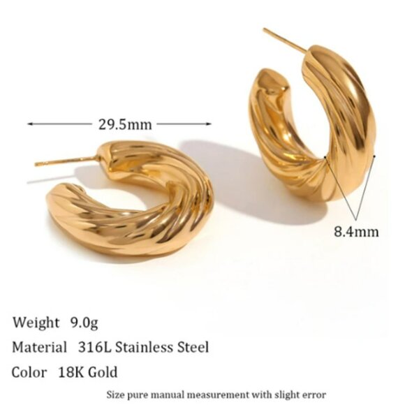 Basic Gold Plated Textured Chunky Hoop Earrings Waterproof 18K PVD Plated - Picture 3 of 3